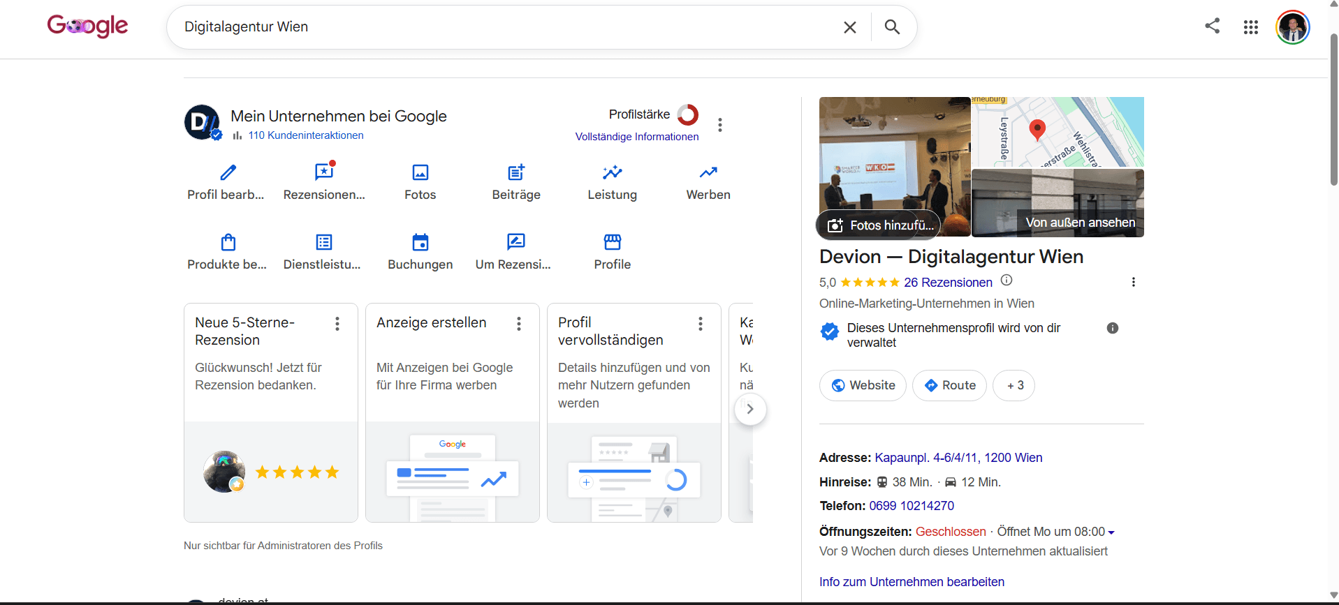 Google-Unternehmensprofil von Devion – Digitalagentur Wien für die Suche „Digitalagentur Wien“: 5,0 Sterne aus 26 Rezensionen, mit Verwaltungsansicht für Kategorien, Fotos, Beiträge und Leistungen