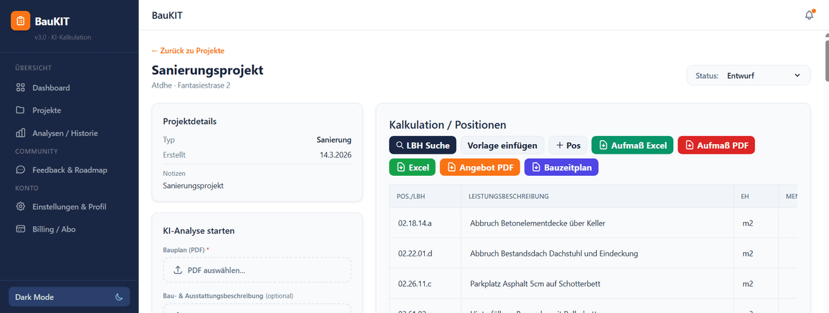 BauKIT Dashboard — KI-gestützte Baukostenkalkulation